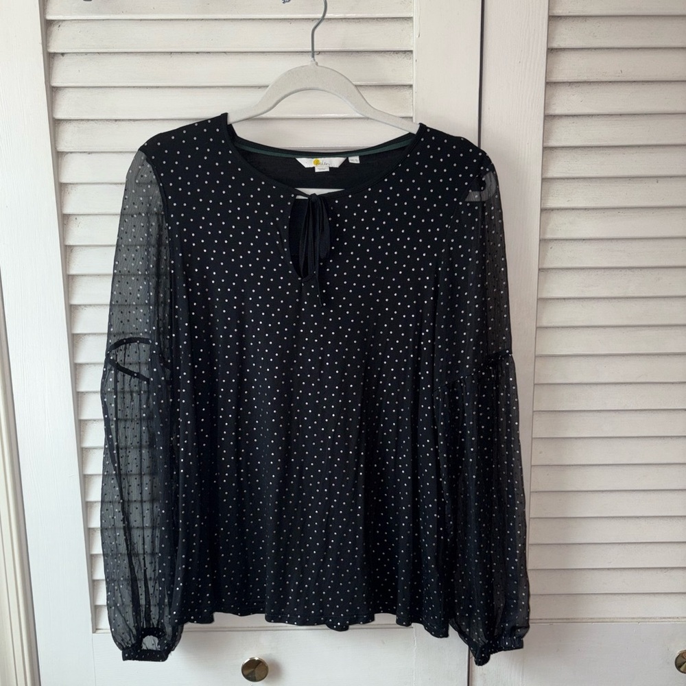 Boden Navy Foul Dot Polka Dot Blouse Sheer Sleeve Tie Neck Top Size 8 - Picture 3 of 6
